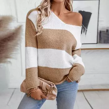 Women s Knitted Sweater Pullover V-neck Loose Contrast Knitted Striped Sweater for Women S хаки
