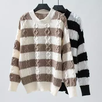 Women s Knitwear Autumn and Winter Loose Pullover Striped Color-blocked Twist Sweater S чёрный