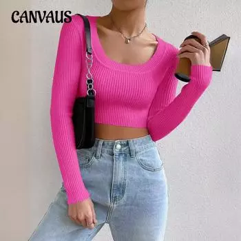 Женский трикотаж с квадратным вырезом и длинным рукавом, короткий, тонкий, облегающий свитер, топ S белый