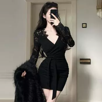 Women s Lace Splicing Waist Skinny Straps Spice Girl Dress one size fits all чёрный