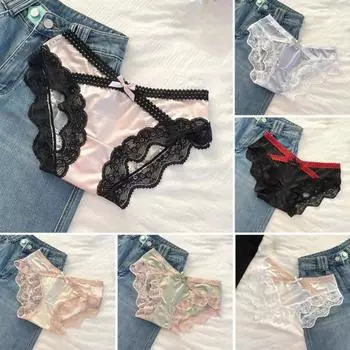 Женские трусики с кружевной отделкой, заниженной посадки, эластичные брифы с бантиком, шелковистый сатин M