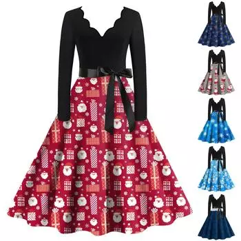 Женское женское повседневное модное рождественское платье в стиле ретро с v-образным вырезом и принтом M тёмно-синий