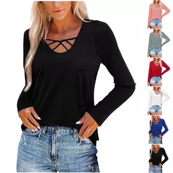 Женский повседневный приталенный пуловер с v-образным вырезом и длинным рукавом, однотонная женская футболка, топ S