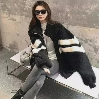 Women s Lambskin Jacket with Velvet Lining - Autumn/Winter, Loose Fit, Contrasting Colors, Student Style, Stitch Detail. 2XL