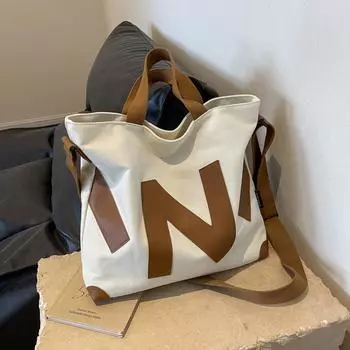 Женская большая вместительная сумка через плечо с буквенным принтом, студенческая сумка через плечо, большая сумка чёрный