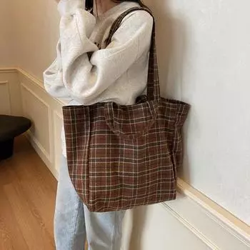 Женская сумка-тоут большой вместимости, клетчатая сумка, сумка через плечо для поездок на работу кофейный