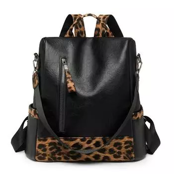 Women s Large Capacity Travel Backpack Retro Leopard Print Backpack Multifunctional Shoulder Bag чёрный