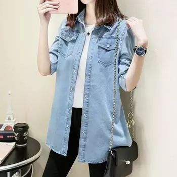 Women s Large Size Long Sleeve Slim Fit Denim Shirt Mid-Length Jacket L светло-синий