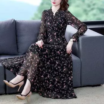Women s Large Size Loose Spring and Summer Floral Long-sleeved Dress Ageing Bottoming Chiffon Shirt Short-sleeved Long Skirt S