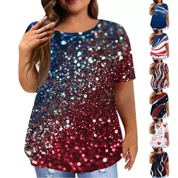 Women s Large Size T-Shirt Casual Tie-dye Round Neck Short Sleeve Top XL синий