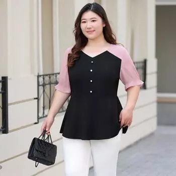 Women s Large-sized Spliced V-neck Slimming Short-sleeved Top for Summer Thin and Breathable with A Good Drape XL розовый/чёрный