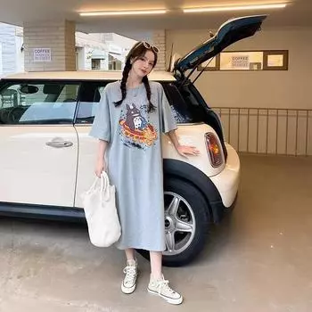 Women s Lazy Short Sleeve T-shirt Dress Summer Casual Loose Over The Knee Dress M серый