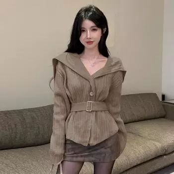 Women s Lazy Wind Navy Lapel Sweater Knitted Waist Jacket One size абрикосовый