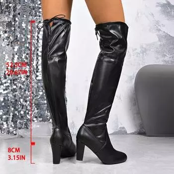 Women s leather boots 2025 autumn and winter new foreign trade large size comfortable pointed back strap high thick heel knee boots women 35