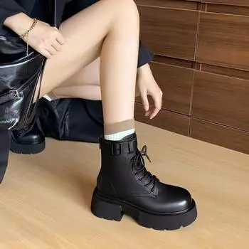 Women s Leather Boots Luxury Designer Autumn Shoes Boots-Women Lace Up Round Toe Riding Ankle Rock Fashion Rubber Ladies Lolita 35 чёрный