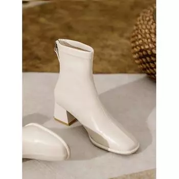 Women s leather boots Skinny boots 2025 autumn and winter new French short leather boots Korean version elastic boots small size short boots 33