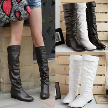 Women s leather PU Knee High Boots Fashion Slip on Winter High Boots Casual Low Heels White Black Long Slim Boots Ladies 35 коричневый