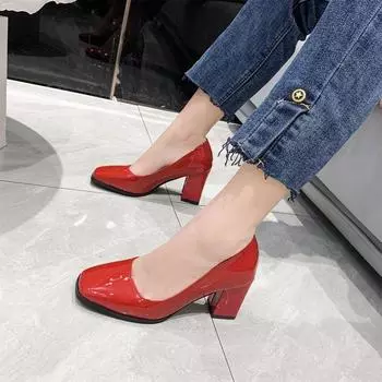 Women s Leather Shoes High Heels Elegant Thick Heel Square Toe Slip-on Shoes 35 красный