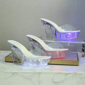 Женские сандалии со светодиодной подсветкой, прозрачный каблук, скошенный каблук 10 см, туфли на высоком каблуке для ночного клуба, светящиеся тапочки, подошва для ходьбы LFD-1101-15 34 белый