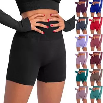 Женские спортивные бесшовные облегающие однотонные спортивные шорты для йоги с подъемом бедер L чёрный