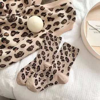 Women s Leopard Print Mid-Calf Socks: Trendy, Versatile, Wide-Mouth Ruffle, Boneless, Over-the-Knee Socks for Autumn and Winter. One Size