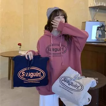 Women s Letter Print Grey Hooded Hoodie Ladies Long Sleeve Loose Plush Thick Sweatshirt Top for Autumn Winter M