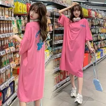 Women s Letter-printed Short-sleeved Dress Summer Round Neck Loose Slimming Versatile Casual Dress M