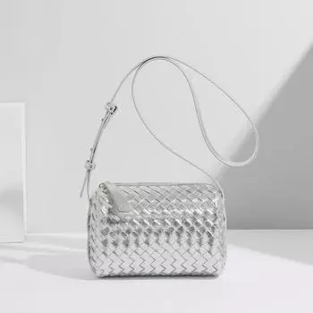 Women s Light Luxury Style Single-shoulder Crossbody Woven Small Square Bag and Silver Pillow Bag