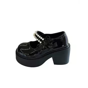 Women s Lolita Style Shoes 2025 French One Pearl Bow Round Toe Chunky Heel Mary Jane Shoes High-heeled Thick-soled Women Shoes 35 чёрный