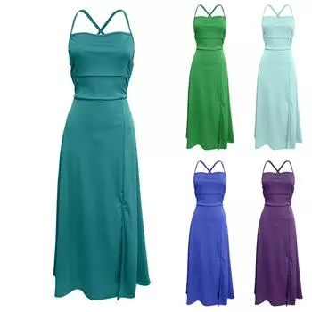 Женские длинные бальные платья Элегантные длинные платья с вырезом на шее и открытой спиной А-силуэта Атласные бретельки крест-накрест Платье для выпускного вечера с боковыми разрезами Свадебные карманы L синий