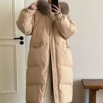 Женская длинная хлопковая утепленная одежда выше колена с большим меховым воротником, хлопковая утепленная одежда 2024 года, зимняя новая свободная утолщенная большого размера, теплая S