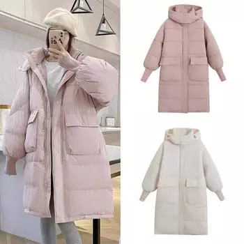 Женская длинная хлопковая куртка с капюшоном и двумя карманами для зимы, свободная и теплая, ветрозащитное пальто выше колена с рукавами из ниток S розовый