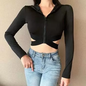 Women s Long Sleeve Crop Top Autumn Zipper Hooded Black T-shirt Fashionable Street T-shirt S чёрный