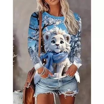 Women s Long Sleeve Pullover Crew Neck Winter Lion Cub Print Casual Tops Fashion Wear Daily Outings Blue White Gray S