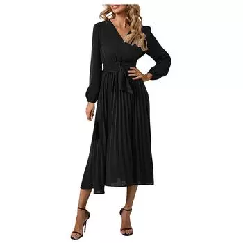 Women s Long Sleeve Slim Fit Pleated Belt V-Neck Elegant Dress S зелёный