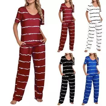 Женский длинный рукав полосатый топ брюки повседневный костюм свободная пижама женская одежда больших размеров L чёрный