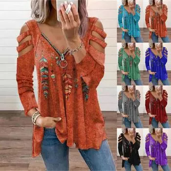 Женские топы с длинным рукавом, V-образным вырезом, на молнии, пуловер, свободная футболка с принтом, блузка M чёрный