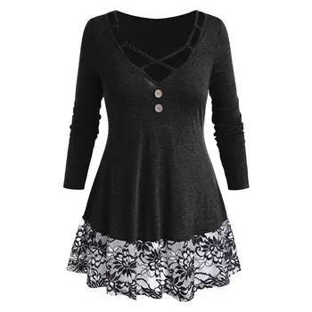 Women s Long Sleeve V-neck Hem Lace Panel Top 2XL