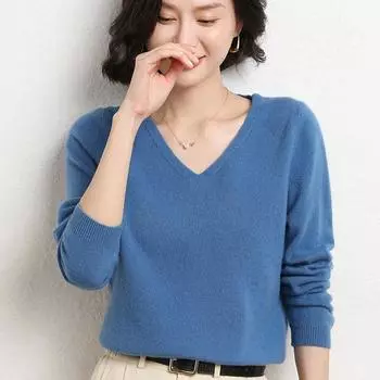 Women s Long Sleeved Knitted Sweater V Neck Loose Thin Top L синий