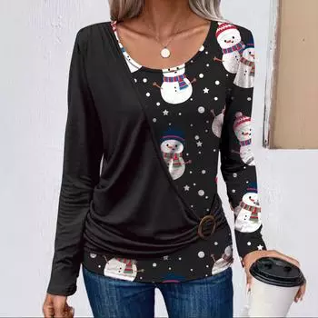 Women s long-sleeved round neck printed patchwork casual T-shirt L чёрный