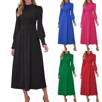 Женское сплошное цветное высокое круглое большое свободное платье с длинными рукавами, облегающее длинное платье S чёрный