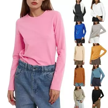 Women s Long-sleeved T-shirts Spring New Women s Fashion Leisure Versatile Commuting Pullover Round Neck T-shirt S