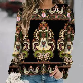 Женские топы с длинными рукавами, 3D ретро-геометрический принт, О-образный вырез, повседневная футболка, синяя, мелкий свежий модный принт, домашняя одежда S