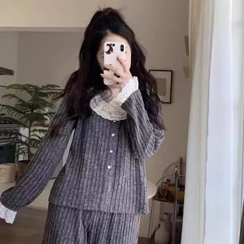 Women s Long-sleeved Trousers Cotton Pajamas Solid Color Lace Pajamas Women s Bedroom Home Wear Women s Pajamas M