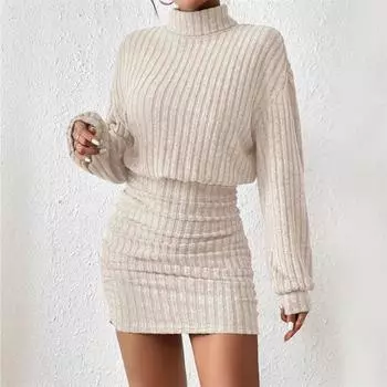 Women s long-sleeved turtleneck pit strip knit sexy tight short dress L
