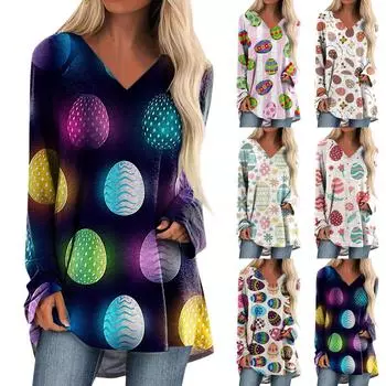 Women s Long Sleeved V-neck Easter Eggs Bunnies Print Spring Casual Long Loose T-shirt Top XXL чёрный