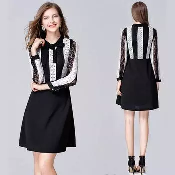 Women s Long Sleeves Black and White Slim Dress Lace Black Patchwork 2XL