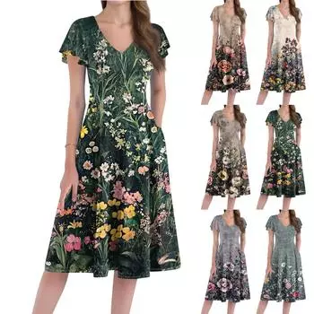 Women s Loose Casual And Fashionable V-Neck Short Sleeved Print Mid Length Dress S хаки