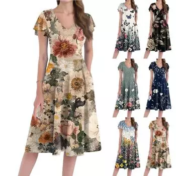 Women s Loose Casual And Fashionable V-Neck Short Sleeved Print Mid Length Dress S белый