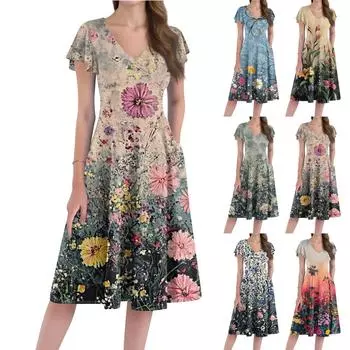 Women s Loose Casual And Fashionable V-Neck Short Sleeved Print Mid Length Dress XXL